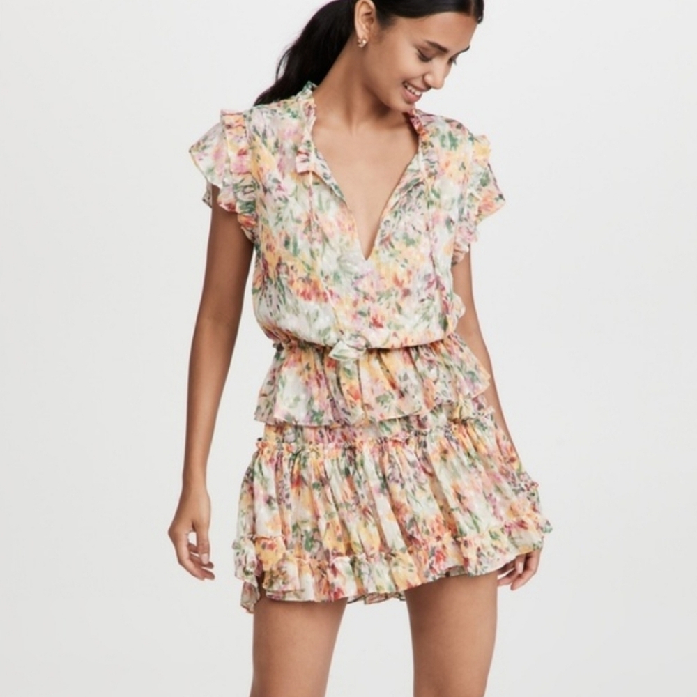 MISA Los Angeles Lilian Floral Mini Dress Ruffle Tiered Smocked Waist Size M